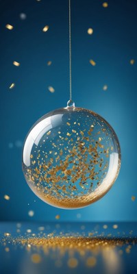 Gold confetti glass ball on a blue backdrop
