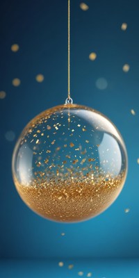 A clear glass ornament is filled with gold glitter