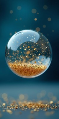 Gold glitter sphere floats on a blue background