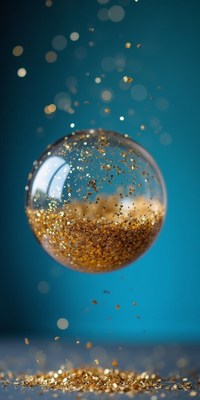 A glitter-filled sphere hangs, with specks falling