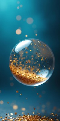 A glitter-filled bubble floats on a blue background