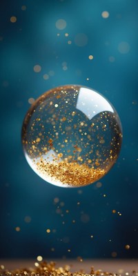 Gold glitter orb floats on blue background