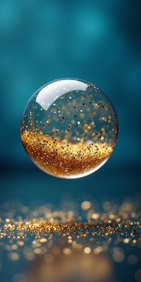 Gold glitter sphere floats on a blue background