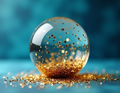 Gold glitter glass sphere on blue surface
