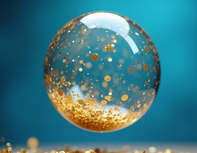 Gold glitter sphere floats on blue background