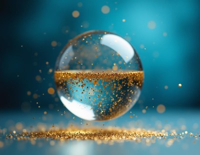 A glitter-filled sphere floats over a blue surface