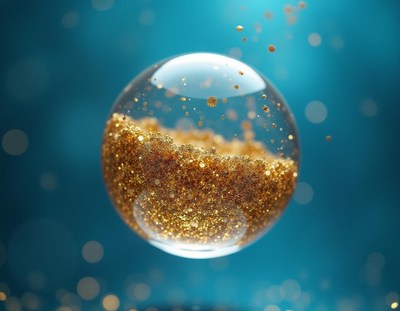 Gold glitter orb floats on blue background