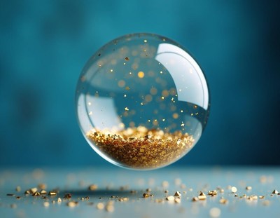 Gold glitter sphere floats above a blue surface