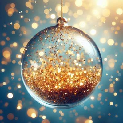 Gold glitter ornament hangs on a blue backdrop