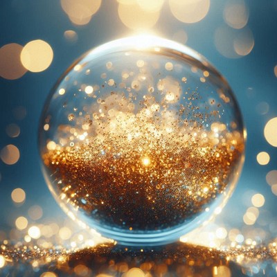 A glittery gold sphere rests on a blue surface