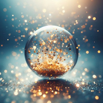 A glitter-filled glass sphere on a sparkly blue surface