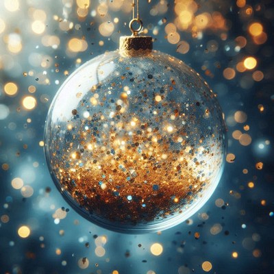 A clear glass ornament filled with gold glitter