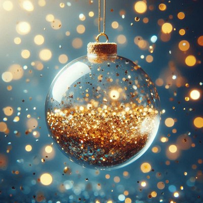 A glitter-filled ornament hangs on a blue backdrop