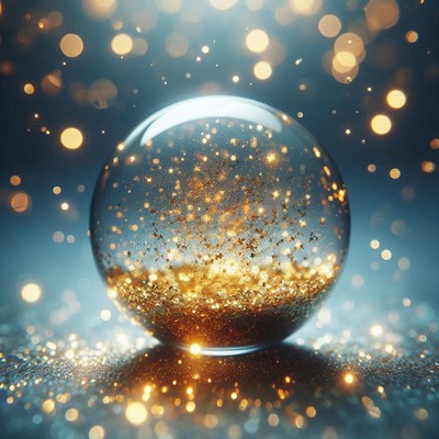 A glass orb filled with gold glitter sits on a blue surface