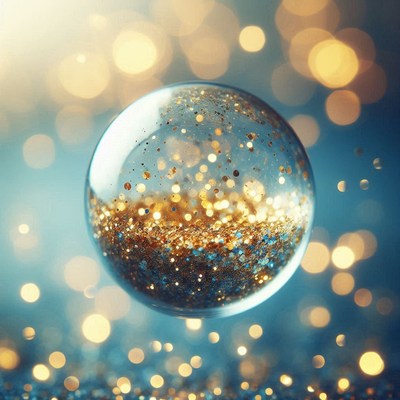 Gold glitter ball on blue background