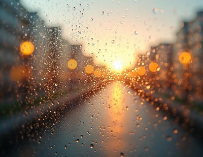 Rain drops on a window at sunset