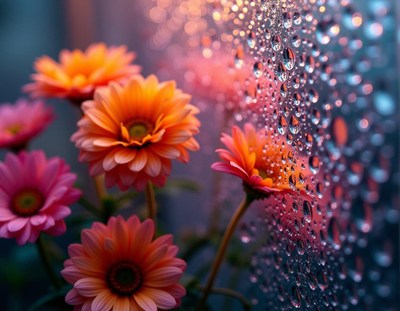 Raindrops cover a window with blooming flowers