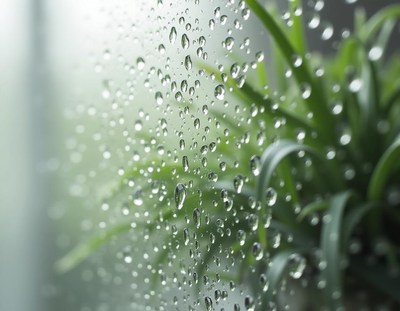 Rain drops on a window with a plant behind it