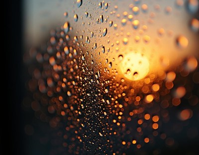 A blurry sunset seen through raindrops on a window