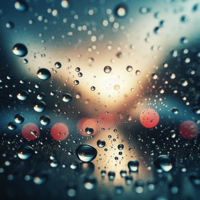Raindrops on a window during a sunset