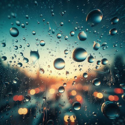 Raindrops on a window at sunset