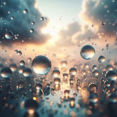 Water droplets float in the air against a sunset sky