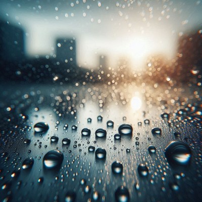 Water droplets on a surface with a city in the background