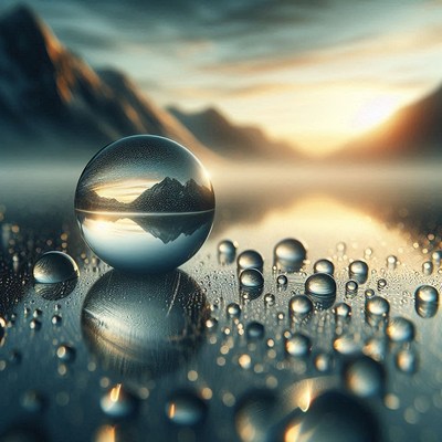 A large water droplet reflects a mountain range at sunrise