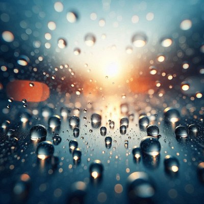 Raindrops on a window with a sunset in the background