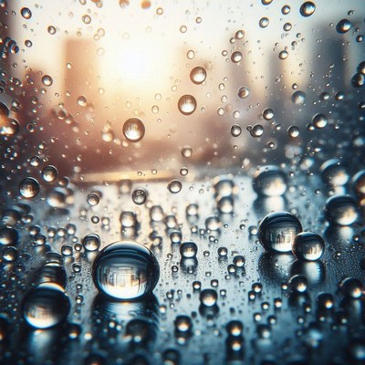 Raindrops on a windowpane during a city sunset