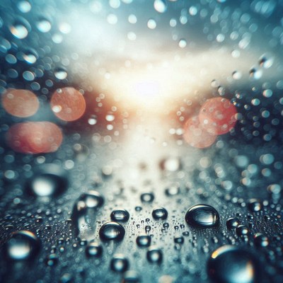 Water droplets on a surface, sunset blurred behind