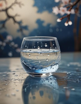 A glass of water sits on a wet surface