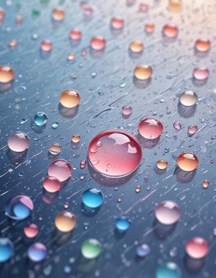Colorful water droplets on a blue surface