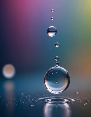 A droplet hovers before splashing into blue water