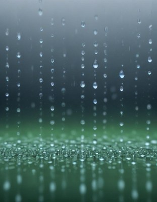 Raindrops fall on a green surface