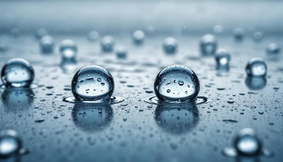 Two water droplets sit on a smooth surface