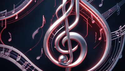 Silver treble clef with red accents and notes