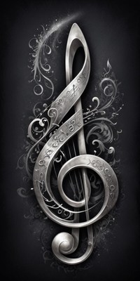 Silver treble clef on dark background