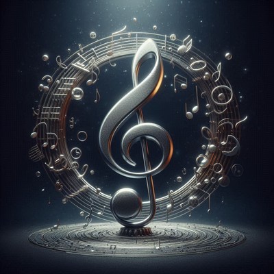A silver treble clef surrounded by musical notes