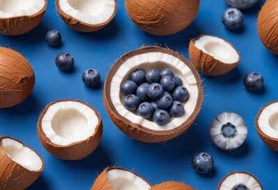Coconut halves filled with blueberries on a blue background