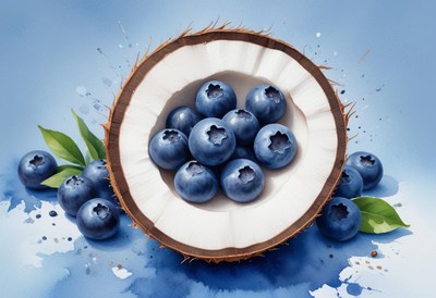 Blueberries in a coconut shell on a blue background