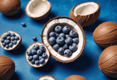 Blueberries in coconut shells on a blue background
