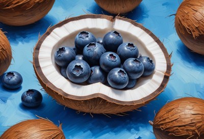 Blueberries in a coconut shell on a blue background