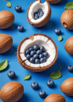 A coconut half filled with blueberries on a blue background