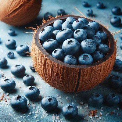 Blueberries in a coconut shell on a blue background