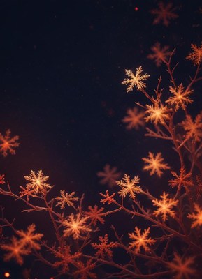 A branch covered in snowflakes during a winter night