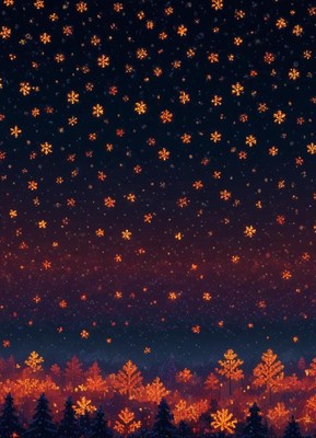 A nighttime view of glowing trees with falling snow