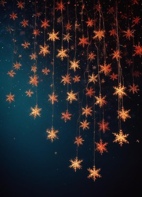 Golden snowflake lights hang against a dark blue sky