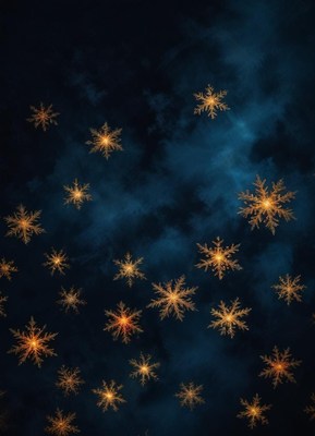 Golden snowflakes fall on a blue winter night
