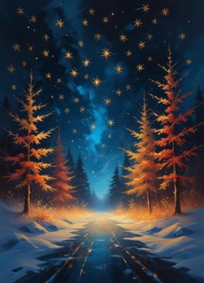 A snowy forest path under a night sky filled with stars